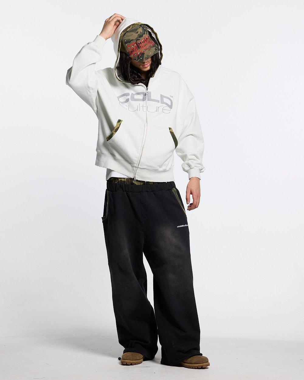 GREY OPS ZIP HOODIE LIGHT GREY - light grey camo trim zip-up hoodie, front view on male model - Cold Culture #man