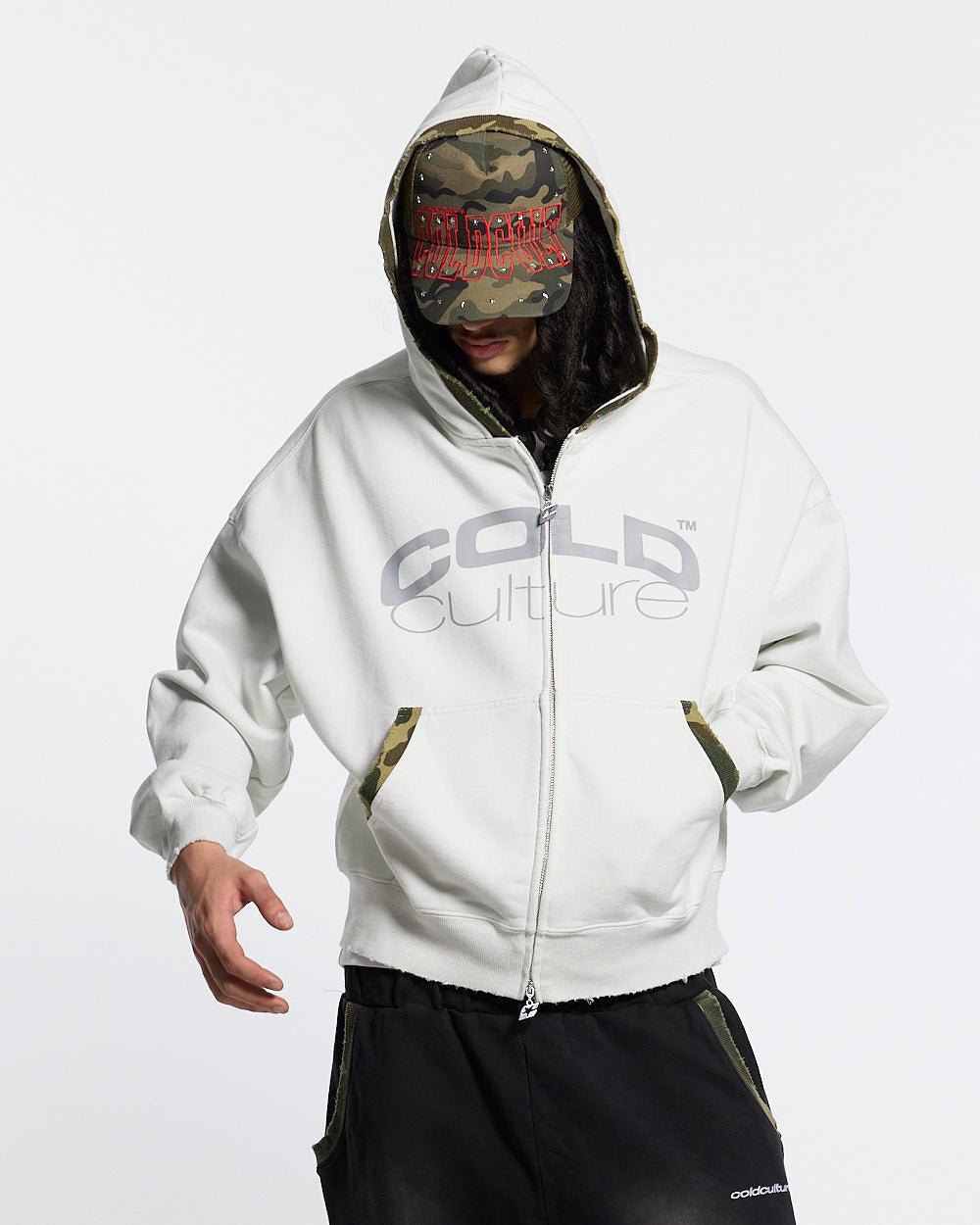 GREY OPS ZIP HOODIE LIGHT GREY - light grey camo trim zip-up hoodie, front view on male model - Cold Culture #man