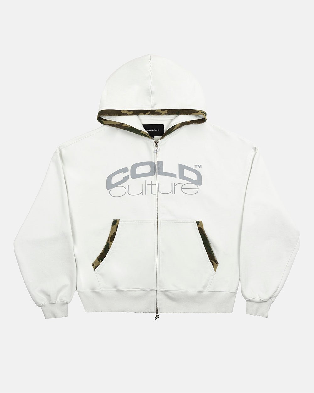 GREY OPS ZIP HOODIE LIGHT GREY - light grey camo trim zip-up hoodie, front view - Cold Culture #packshot