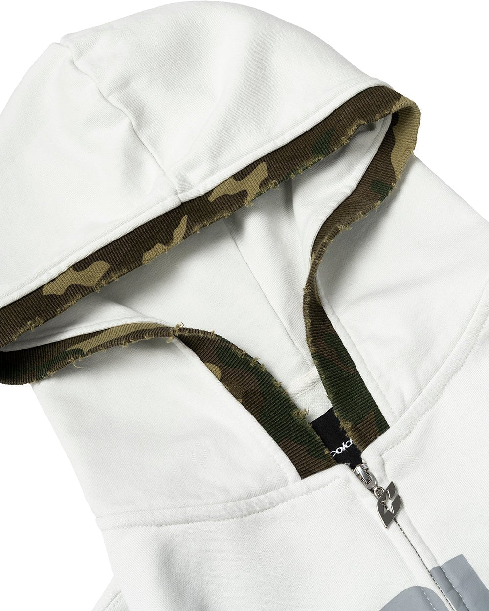 GREY OPS ZIP HOODIE LIGHT GREY - light grey camo trim zip-up hoodie, detail close-up - Cold Culture
