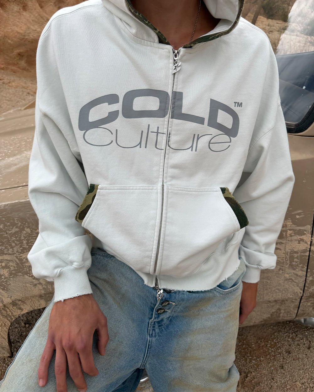 GREY OPS ZIP HOODIE LIGHT GREY - light grey camo trim zip-up hoodie, worn detail - Cold Culture