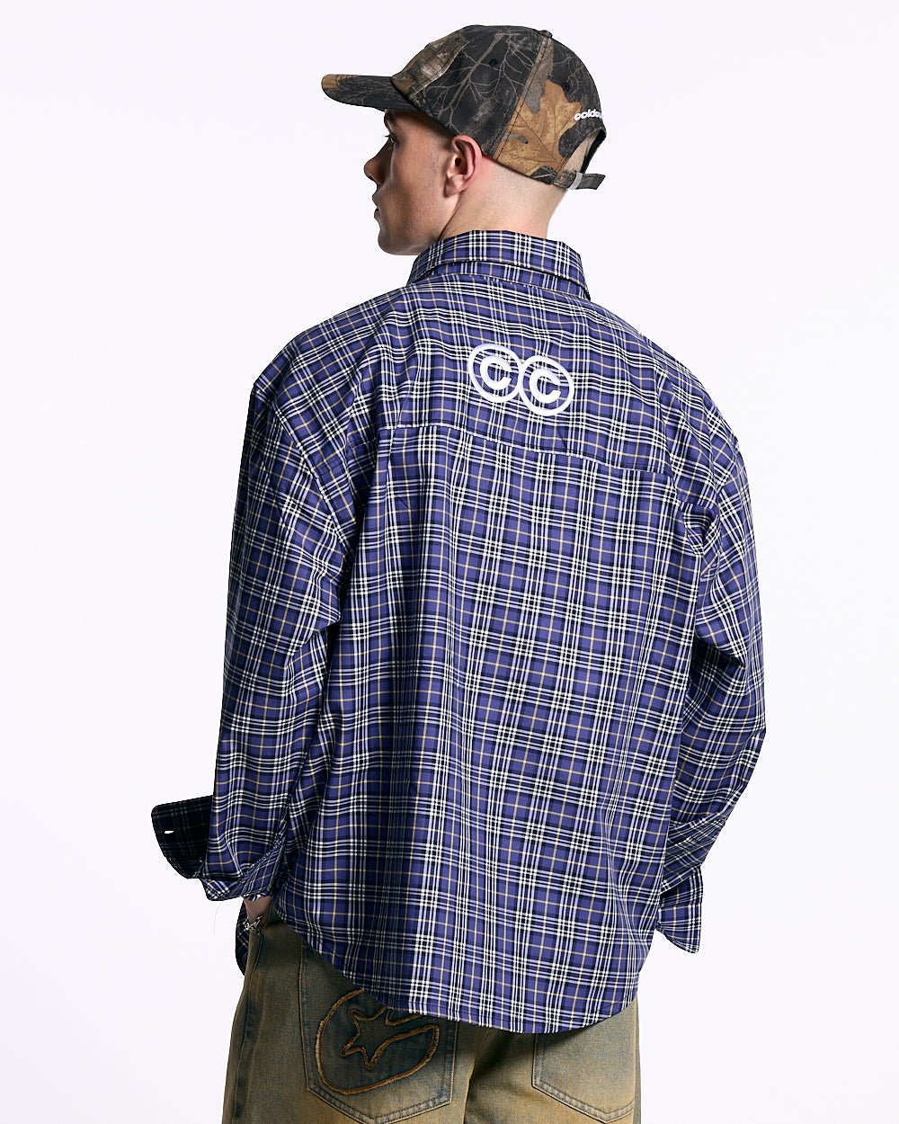 GRID SHIRT TARTAN DARK BLUE/GRAY - blue plaid long sleeve shirt, back view on male model - Cold Culture #man