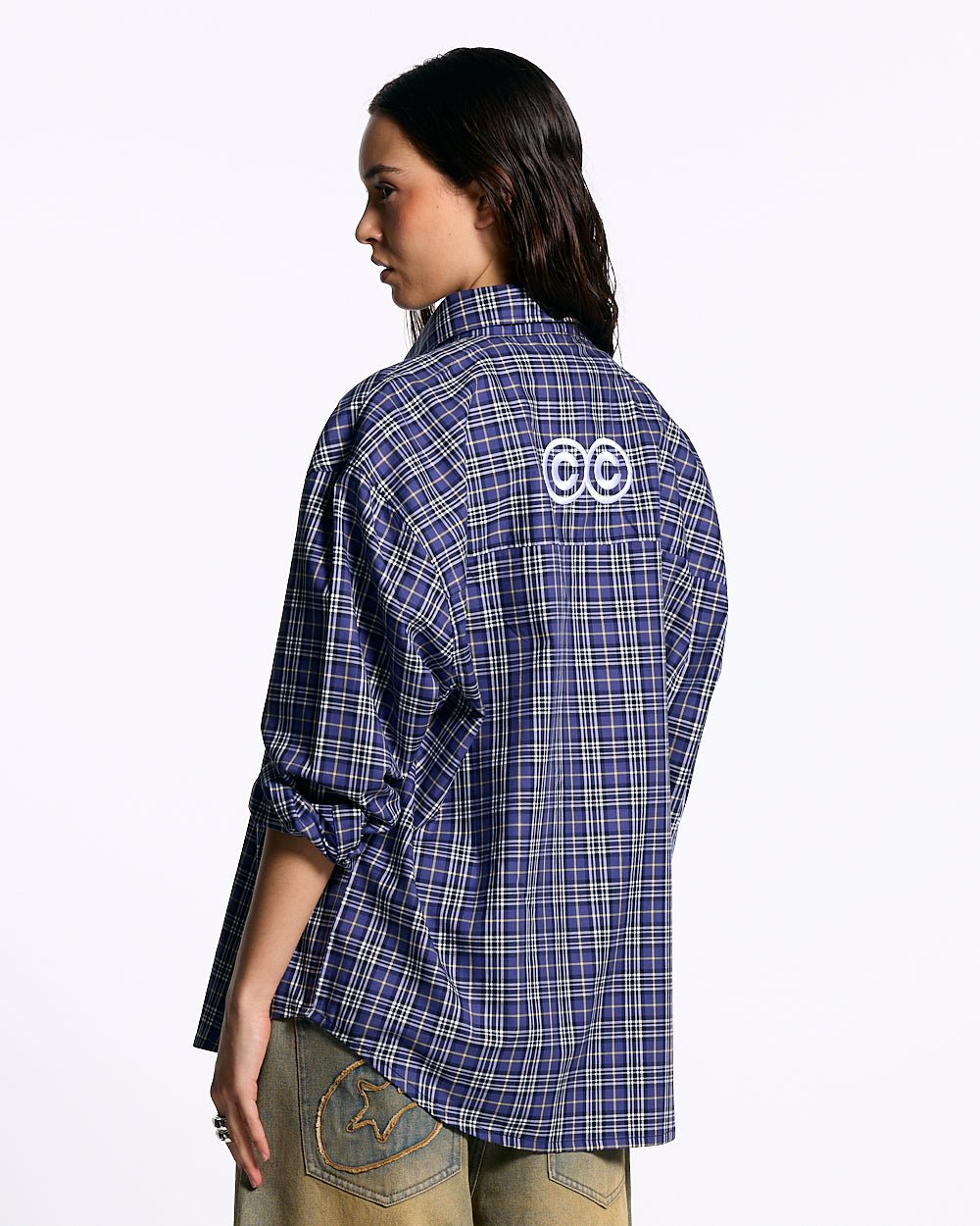 GRID SHIRT TARTAN DARK BLUE/GRAY - blue plaid long sleeve shirt, back view on female model - Cold Culture #woman