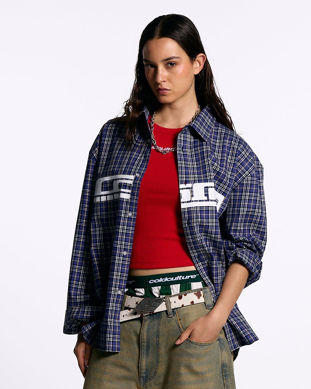 GRID SHIRT TARTAN DARK BLUE/GRAY - blue plaid long sleeve shirt, front view on female model - Cold Culture #woman