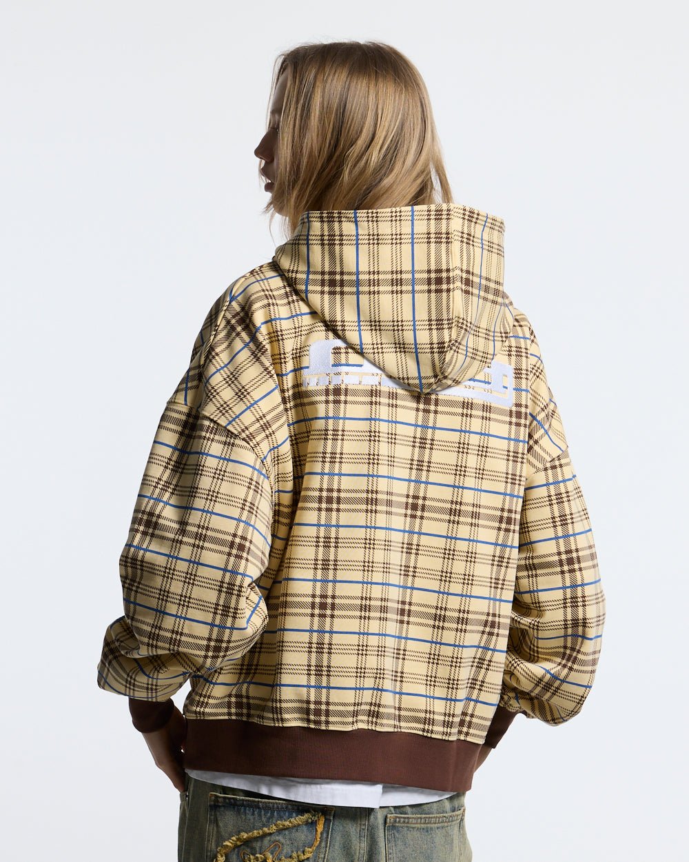 GRID ZIP HOODIE YELLOW & BROWN - yellow plaid zip-up hoodie, back view on female model - Cold Culture #woman