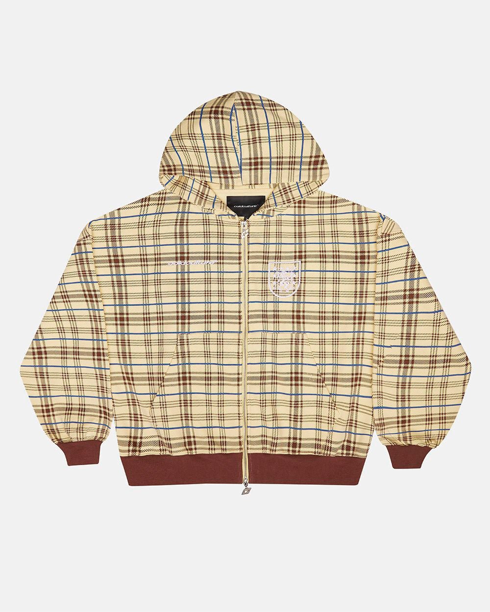 GRID ZIP HOODIE YELLOW & BROWN - yellow plaid zip-up hoodie, front view - Cold Culture #packshot