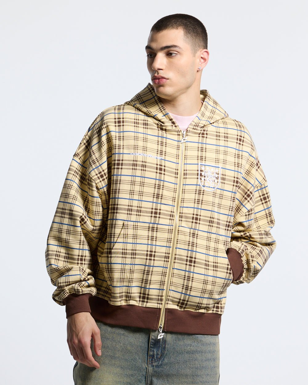 GRID ZIP HOODIE YELLOW & BROWN - yellow plaid zip-up hoodie, front view on male model - Cold Culture #man