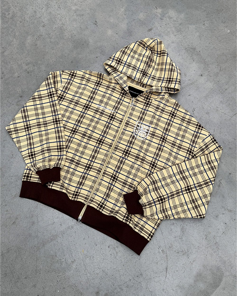 GRID ZIP HOODIE YELLOW & BROWN - yellow plaid zip-up hoodie, flat lay - Cold Culture