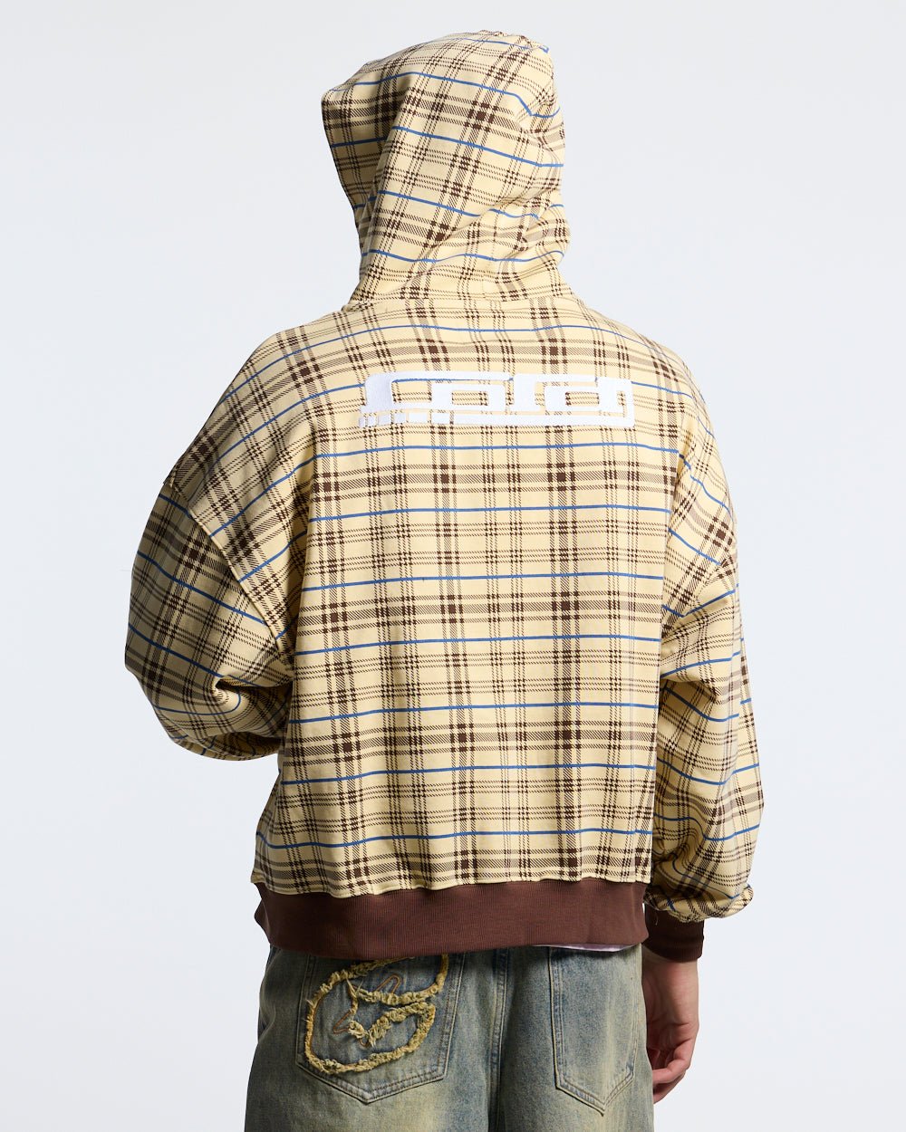 GRID ZIP HOODIE YELLOW & BROWN - yellow plaid zip-up hoodie, back view on male model - Cold Culture
