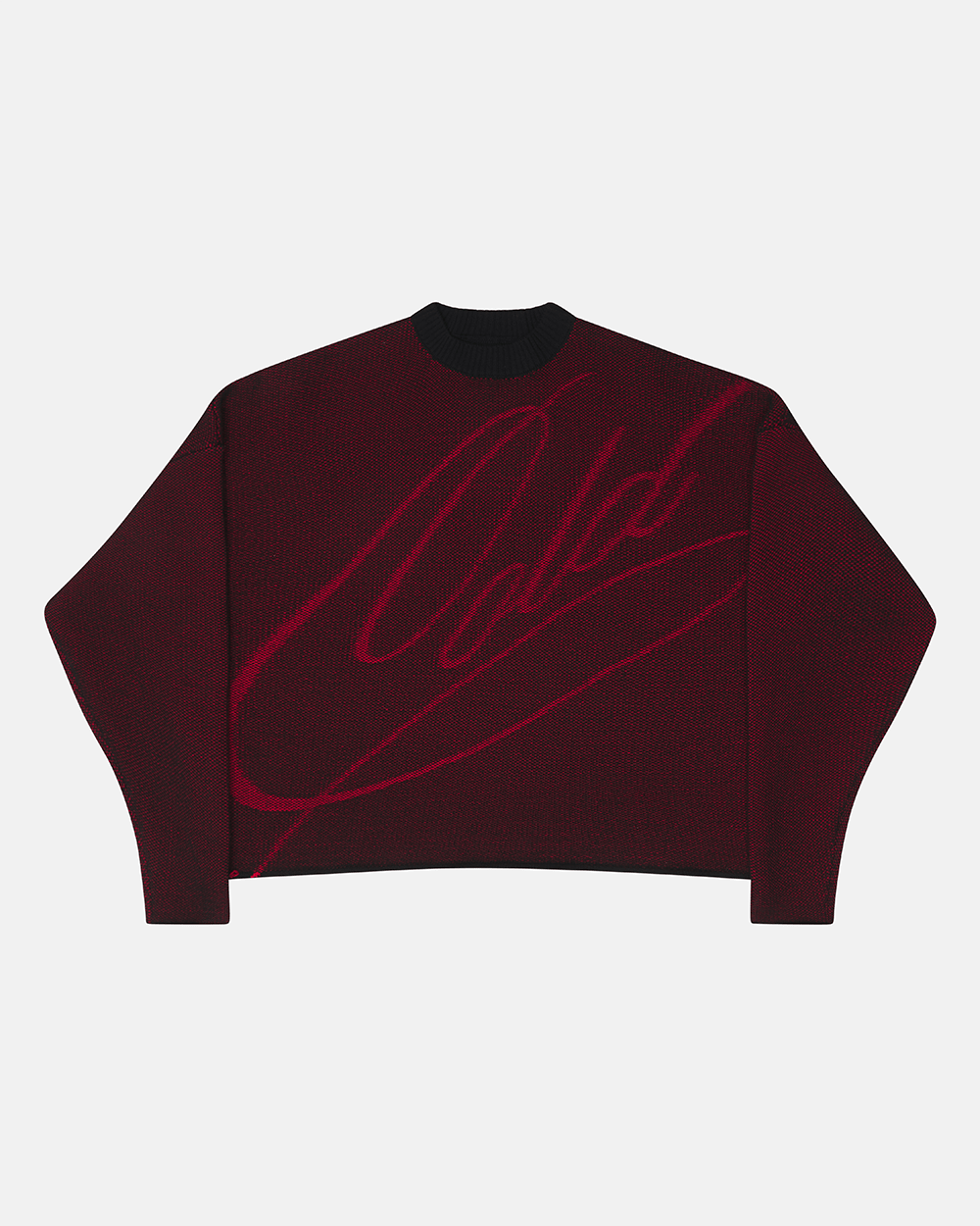 GRUBBY KNIT BLACK - black and red script knit sweater, front view - Cold Culture #packshot