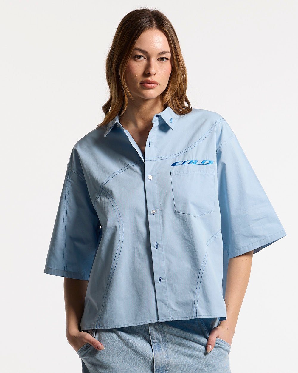 GUARDIAN SHIRT BREEZE BLUE - light blue short sleeve shirt, front view on female model - Cold Culture #woman