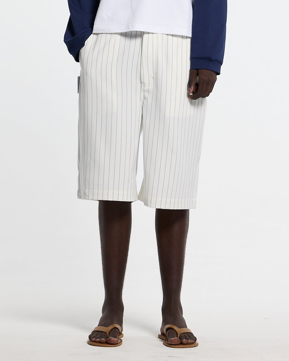 HARBOR JORTS WHITE - white pinstriped shorts, front view on male model - Cold Culture
