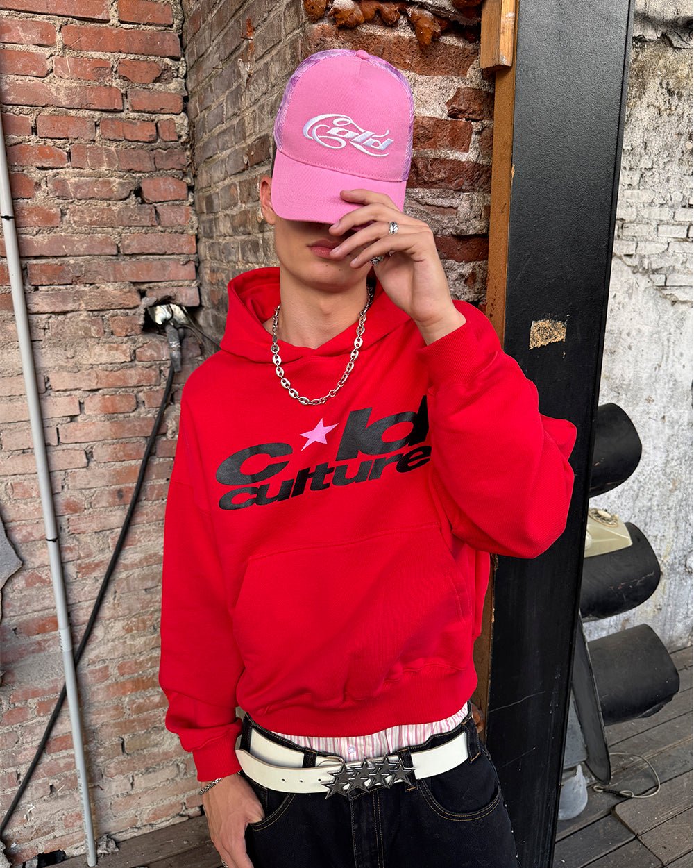 HARPER HOODIE OFF RED - red graphic print hoodie, street style shot - Cold Culture #woman