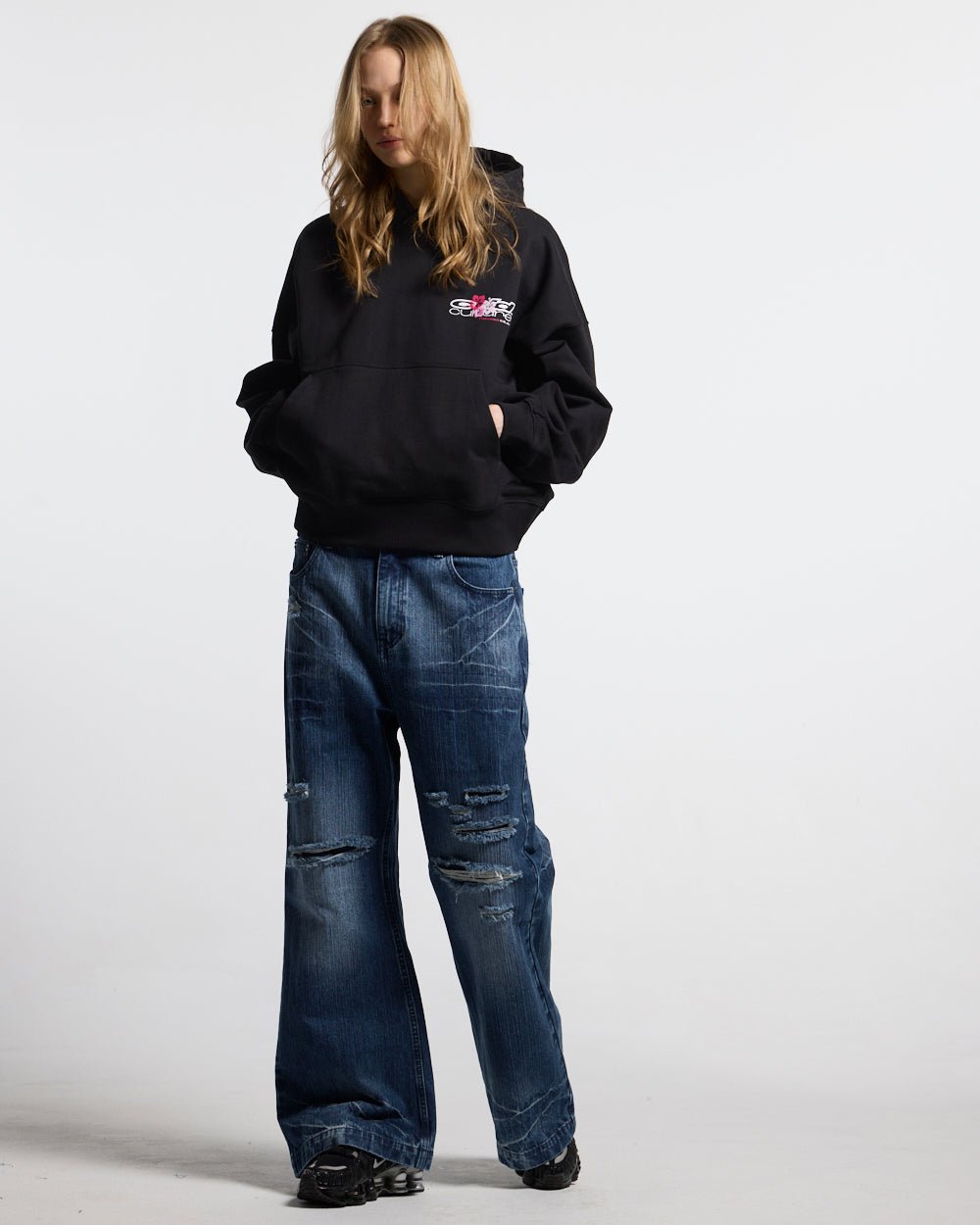 HAWAII CLUB HOODIE BLACK - black graphic print hoodie, front view on female model - Cold Culture #woman