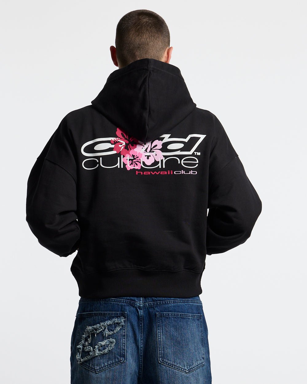 HAWAII CLUB HOODIE BLACK - black graphic print hoodie, back view on male model - Cold Culture #man