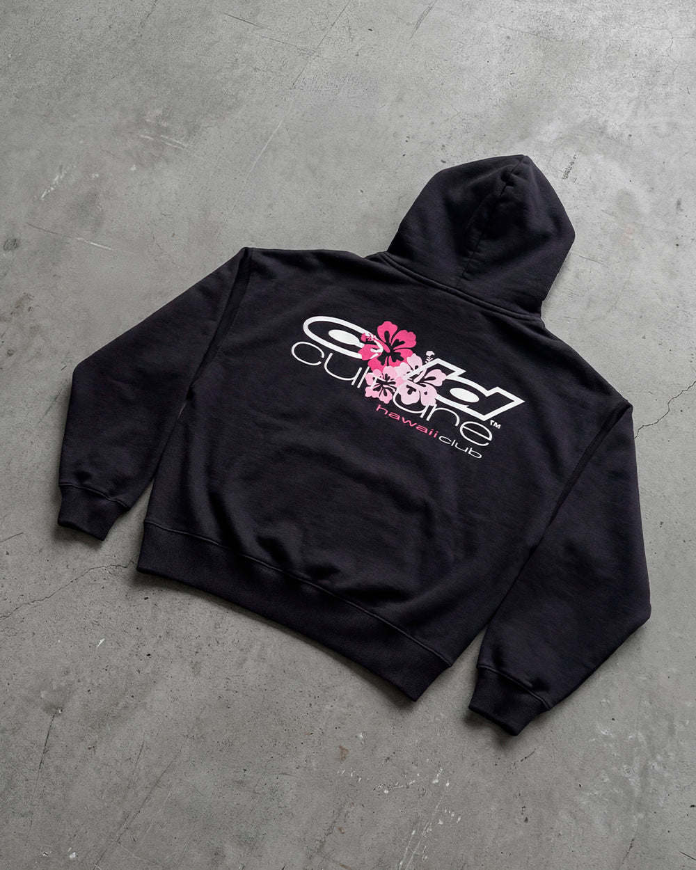 HAWAII CLUB HOODIE BLACK - black graphic print hoodie, flat lay - Cold Culture