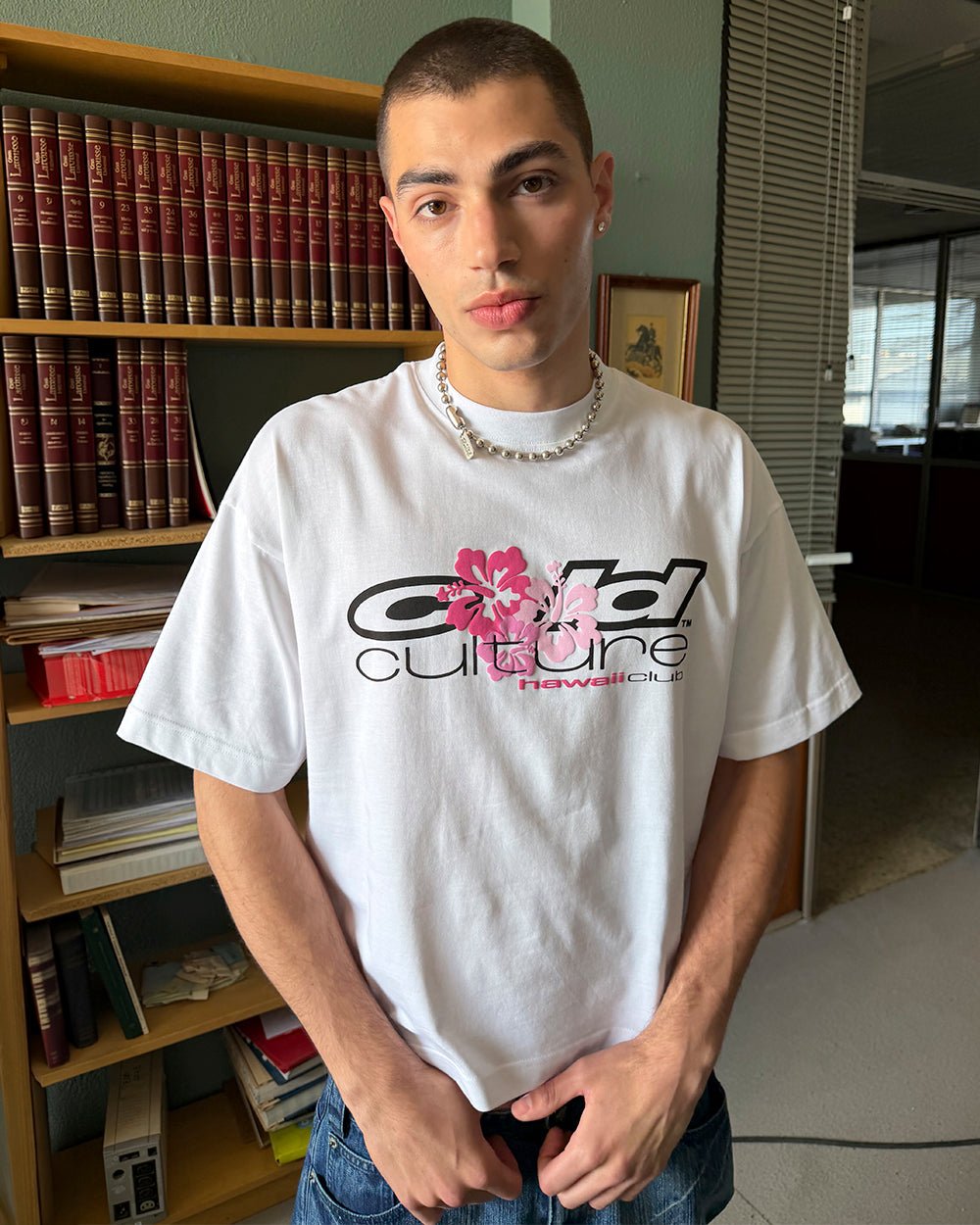 HAWAII CLUB TEE WHITE - white graphic print tee, street style shot - Cold Culture