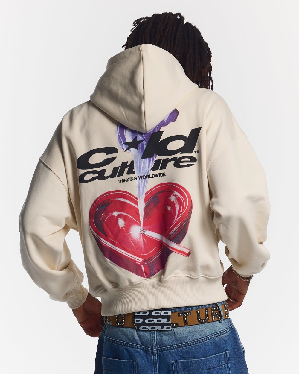 HEART ASHTRAY HOODIE GREY - cream graphic print hoodie, back view on male model - Cold Culture
