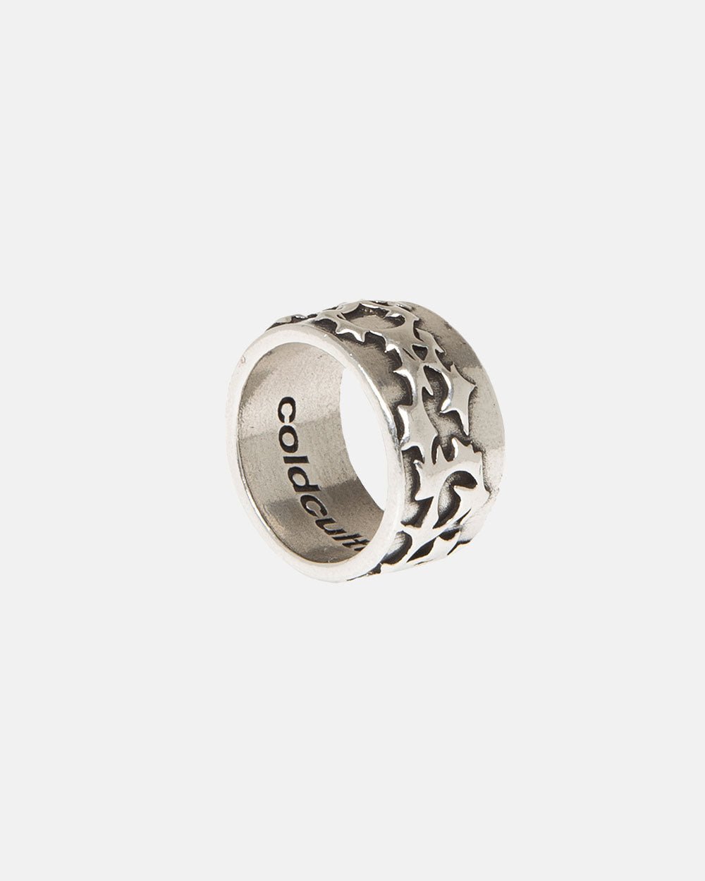 HEAVENLY RING - silver star patterned ring, front view - Cold Culture #packshot