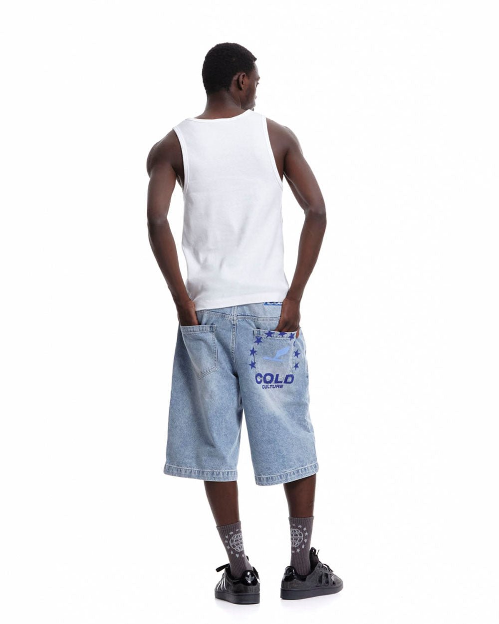 HEIGHTS V2 SHORTS LIGHT WASHED DENIM - light washed denim shorts, back view on male model - Cold Culture #man