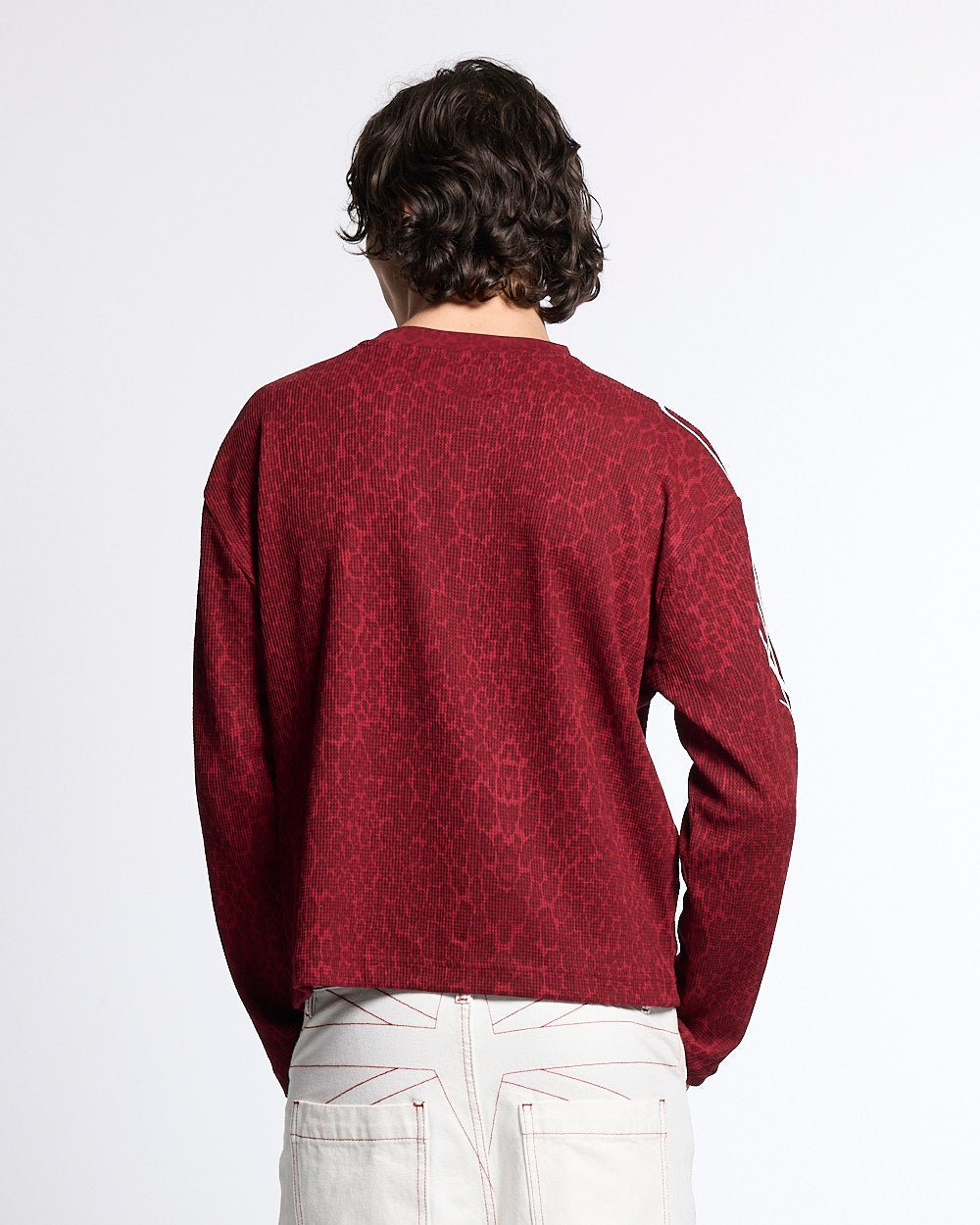 HIDDEN CHEETAH LONGSLEEVE BURGUNDY - burgundy leopard print longsleeve tee, back view on male model - Cold Culture #man