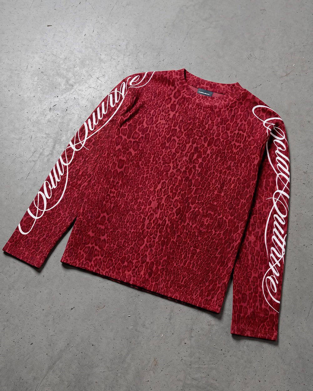 HIDDEN CHEETAH LONGSLEEVE BURGUNDY - burgundy leopard print longsleeve tee, flat lay - Cold Culture