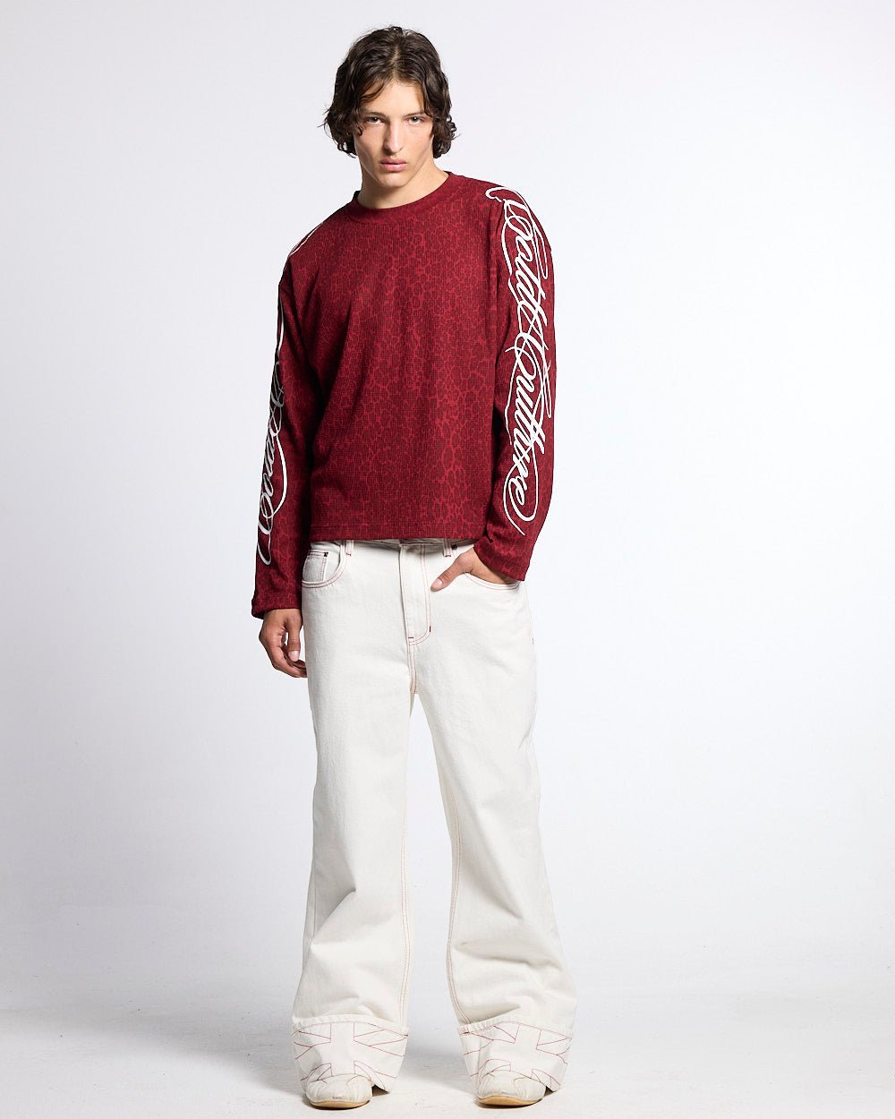 HIDDEN CHEETAH LONGSLEEVE BURGUNDY - burgundy leopard print longsleeve tee, front view on male model - Cold Culture #man