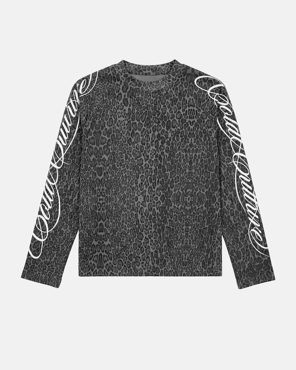 HIDDEN CHEETAH LONGSLEEVE DARK GREY - dark grey leopard print longsleeve tee, front view - Cold Culture #packshot
