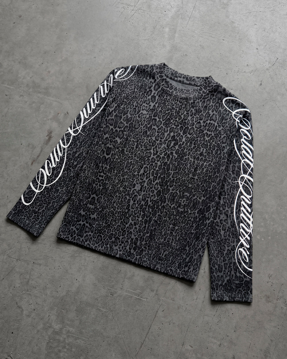 HIDDEN CHEETAH LONGSLEEVE DARK GREY - dark grey leopard print longsleeve tee, flat lay - Cold Culture