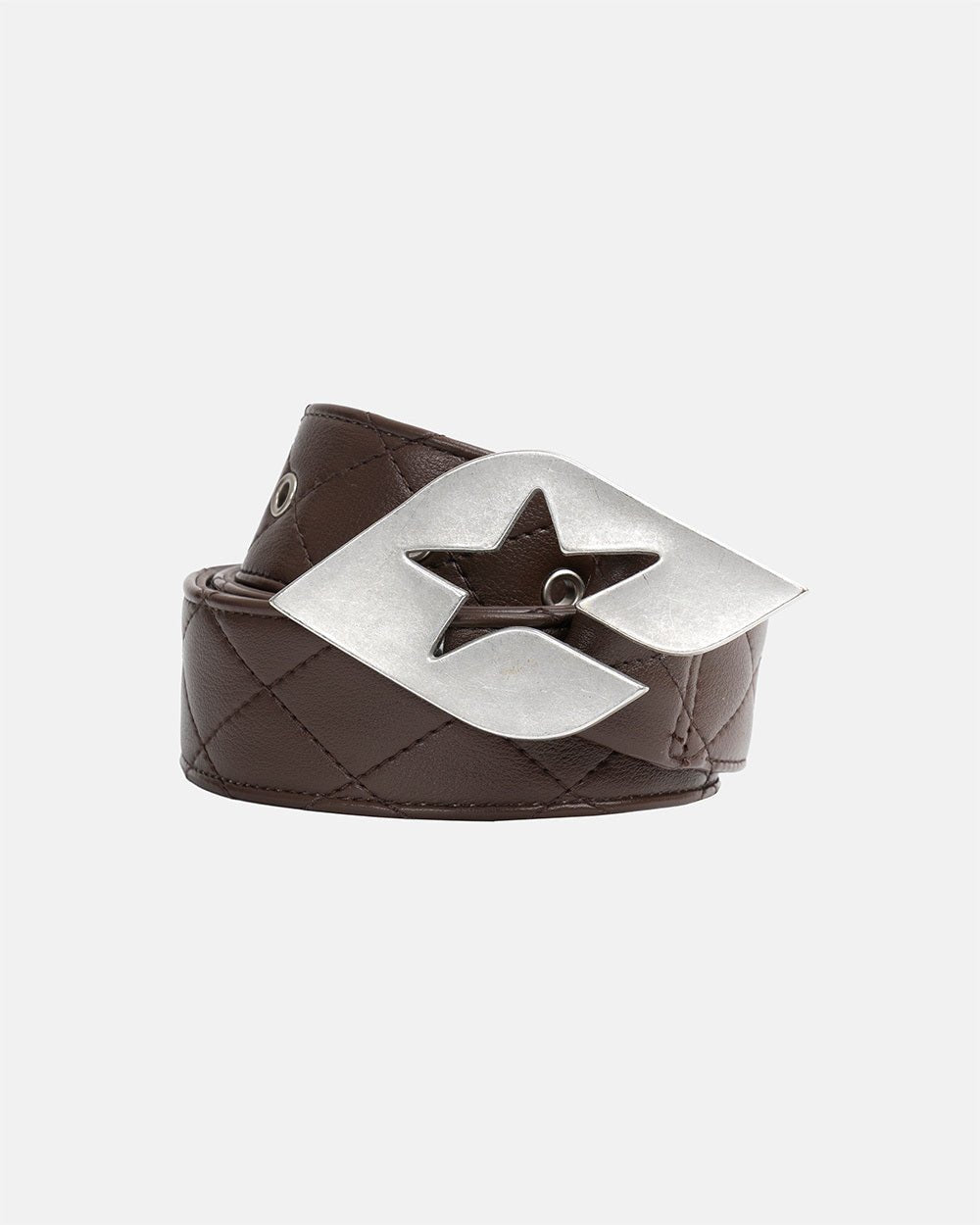 HIGH CLASS LEATHER BELT BROWN - brown quilted leather belt, front view - Cold Culture #packshot