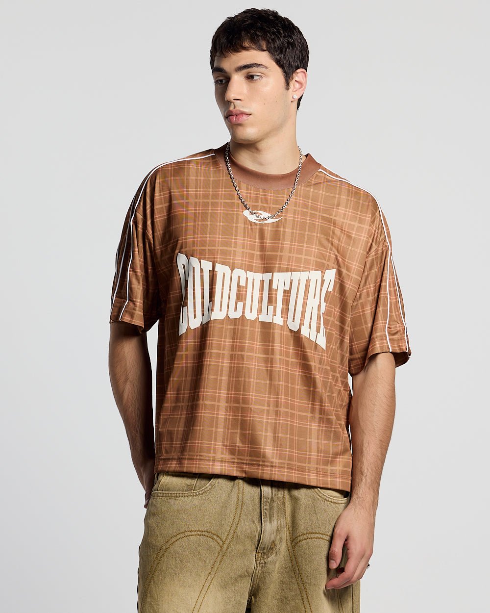 HIGHLANDS PLAID TEE BEIGE - beige plaid tee, front view on male model - Cold Culture #man