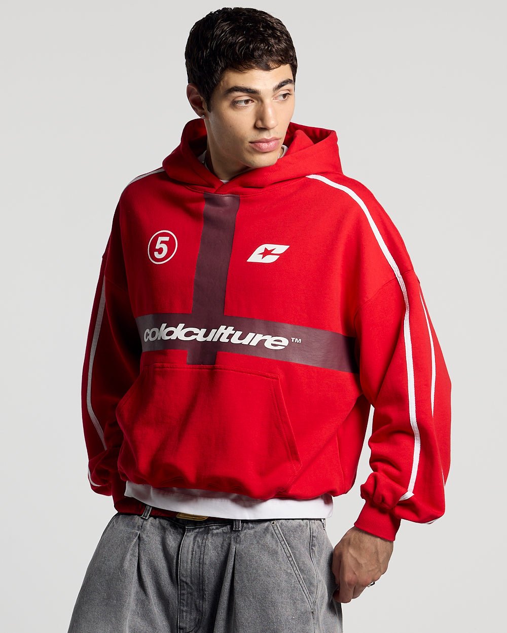 HIT THE TARGET HOODIE RED - red graphic print hoodie, front view on male model - Cold Culture #man