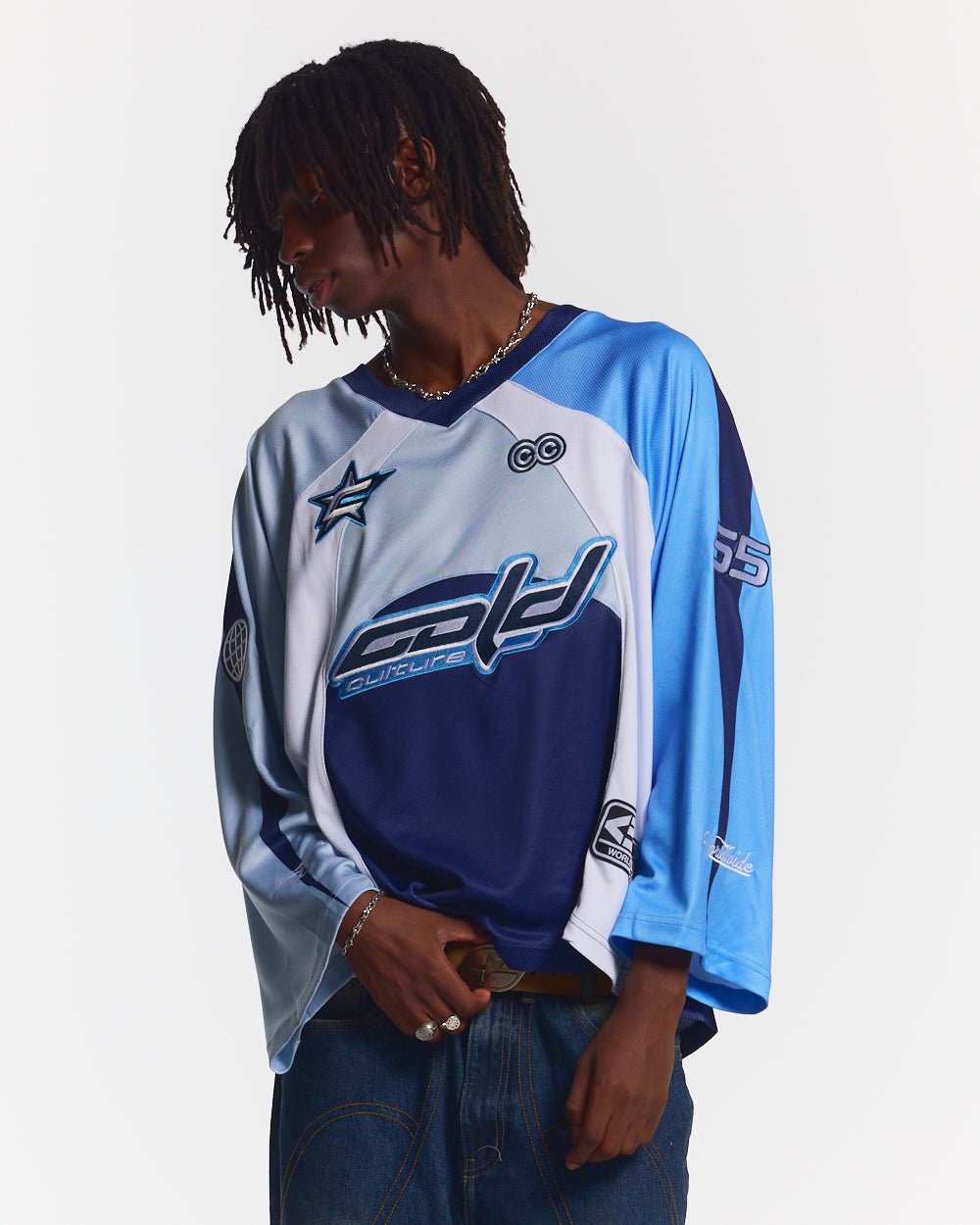 HOCKEY PLAYER LONGSLEEVE TEE NAVY/GLOSS BLUE - navy blue graphic print longsleeve tee, front view on male model - Cold Culture #man