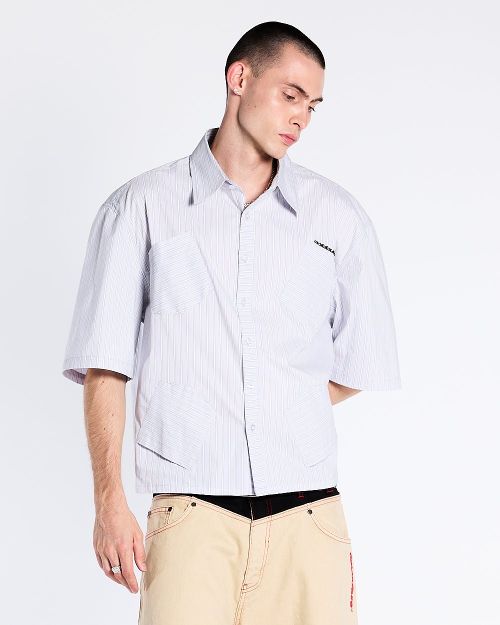 HONOLULU SHIRT - light grey striped short sleeve shirt, front view on male model - Cold Culture #man