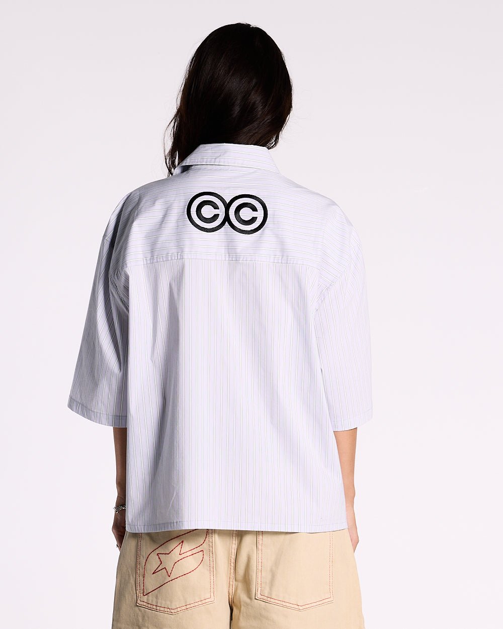 HONOLULU SHIRT - light grey striped short sleeve shirt, back view on female model - Cold Culture #woman