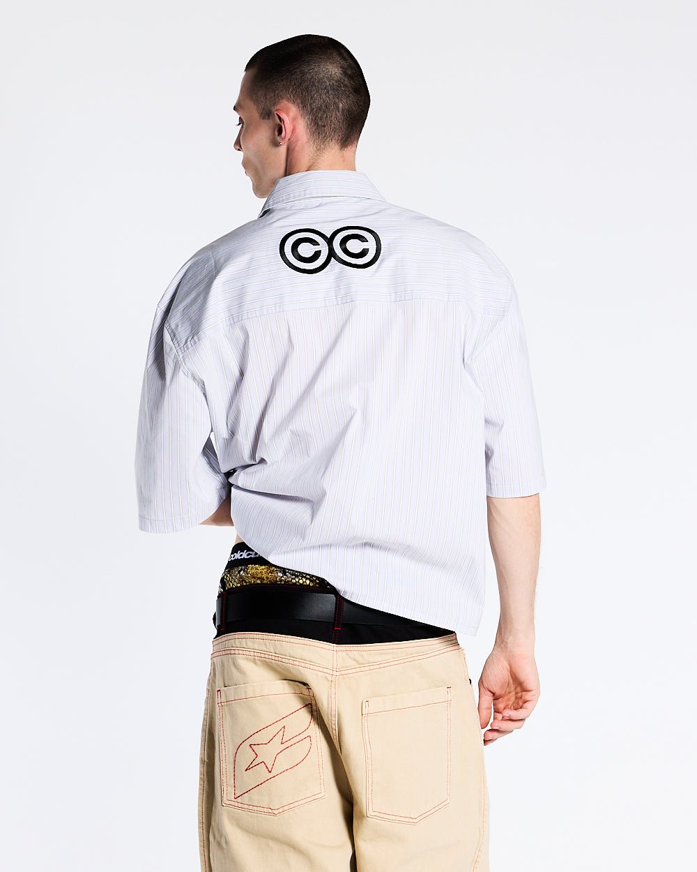 HONOLULU SHIRT - light grey striped short sleeve shirt, back view on male model - Cold Culture #man