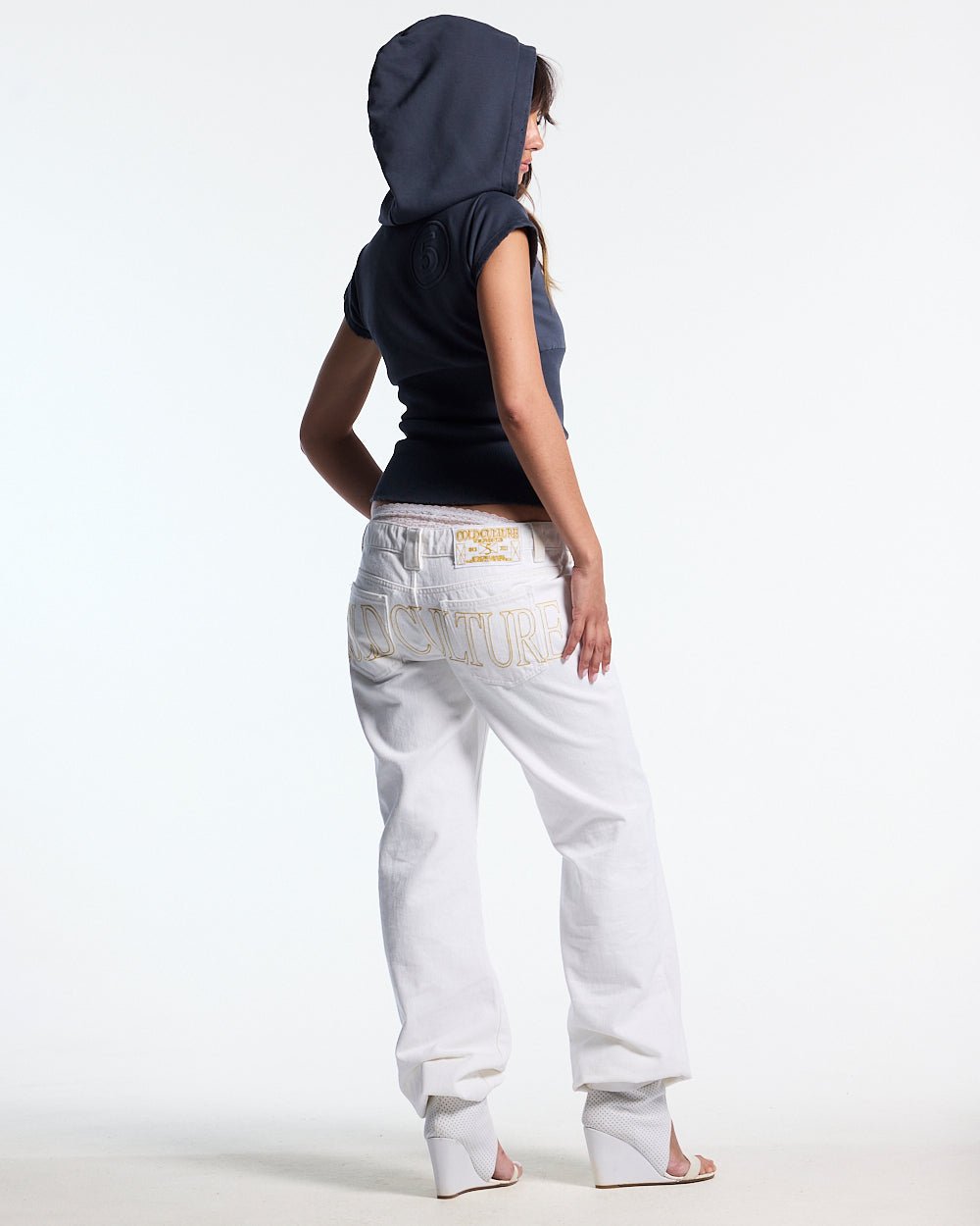 HOODED BABY ZIP TEE DARK GREY - dark grey hooded zip tee, back view on female model - Cold Culture #woman