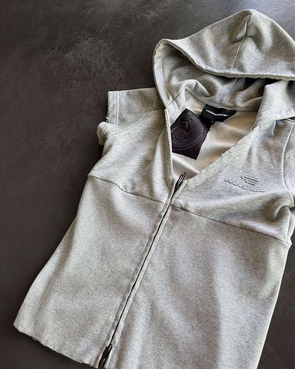 HOODED BABY ZIP TEE HEATHER GREY - heather grey hooded zip tee, flat lay - Cold Culture