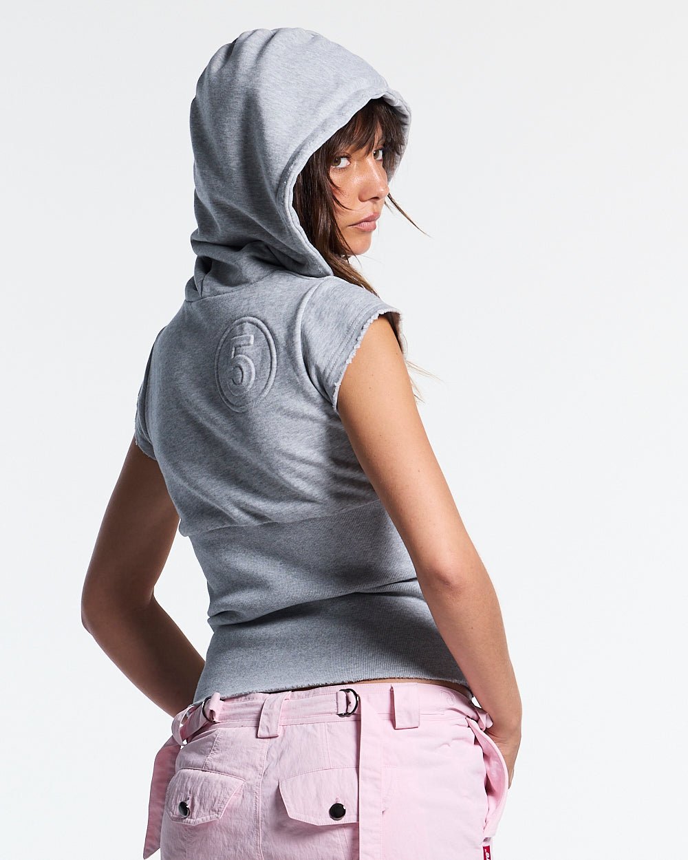 HOODED BABY ZIP TEE HEATHER GREY - heather grey hooded zip tee, back view on female model - Cold Culture #woman