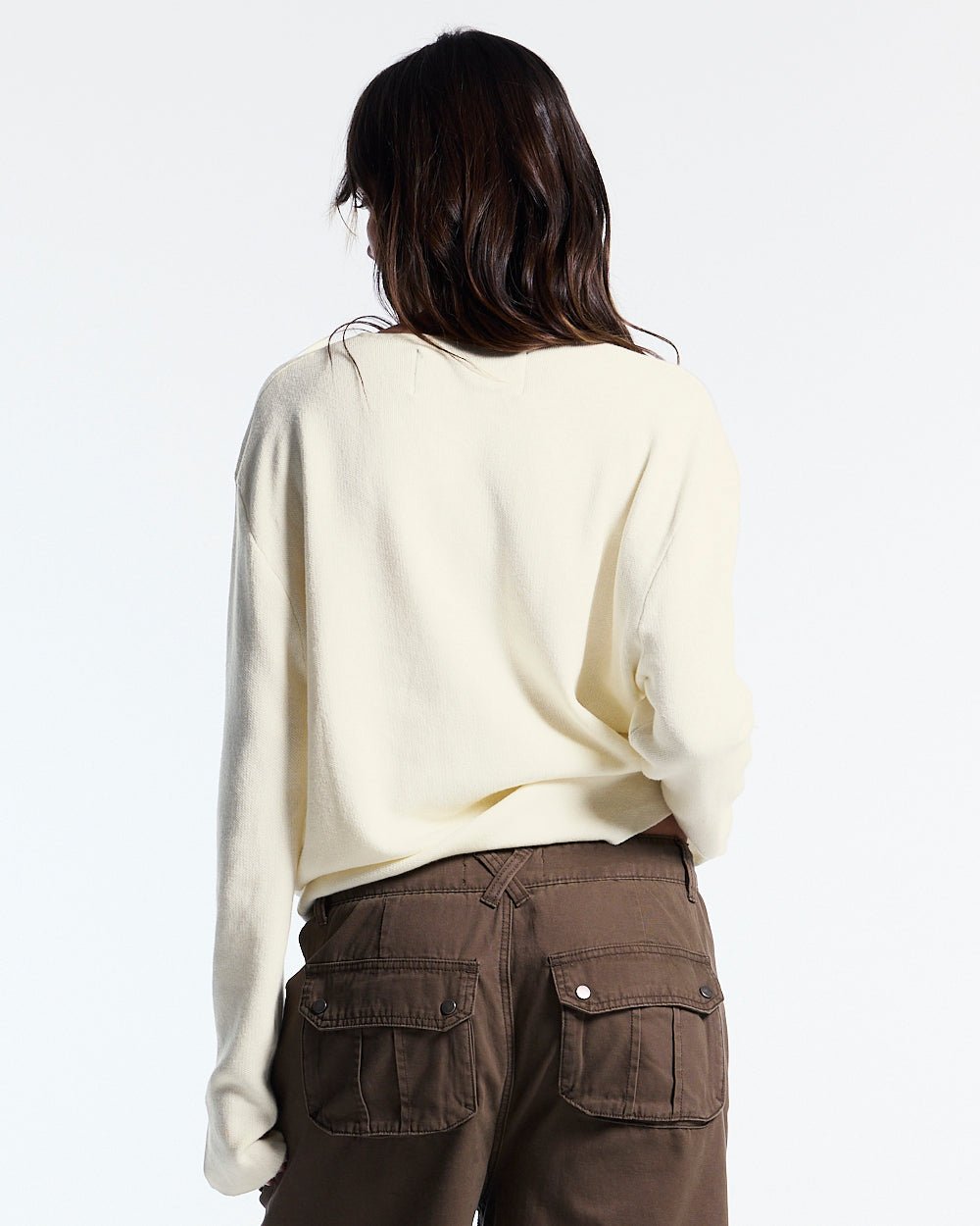 HOOK KNIT BEIGE - beige lace-up knit sweater, back view on female model - Cold Culture #woman