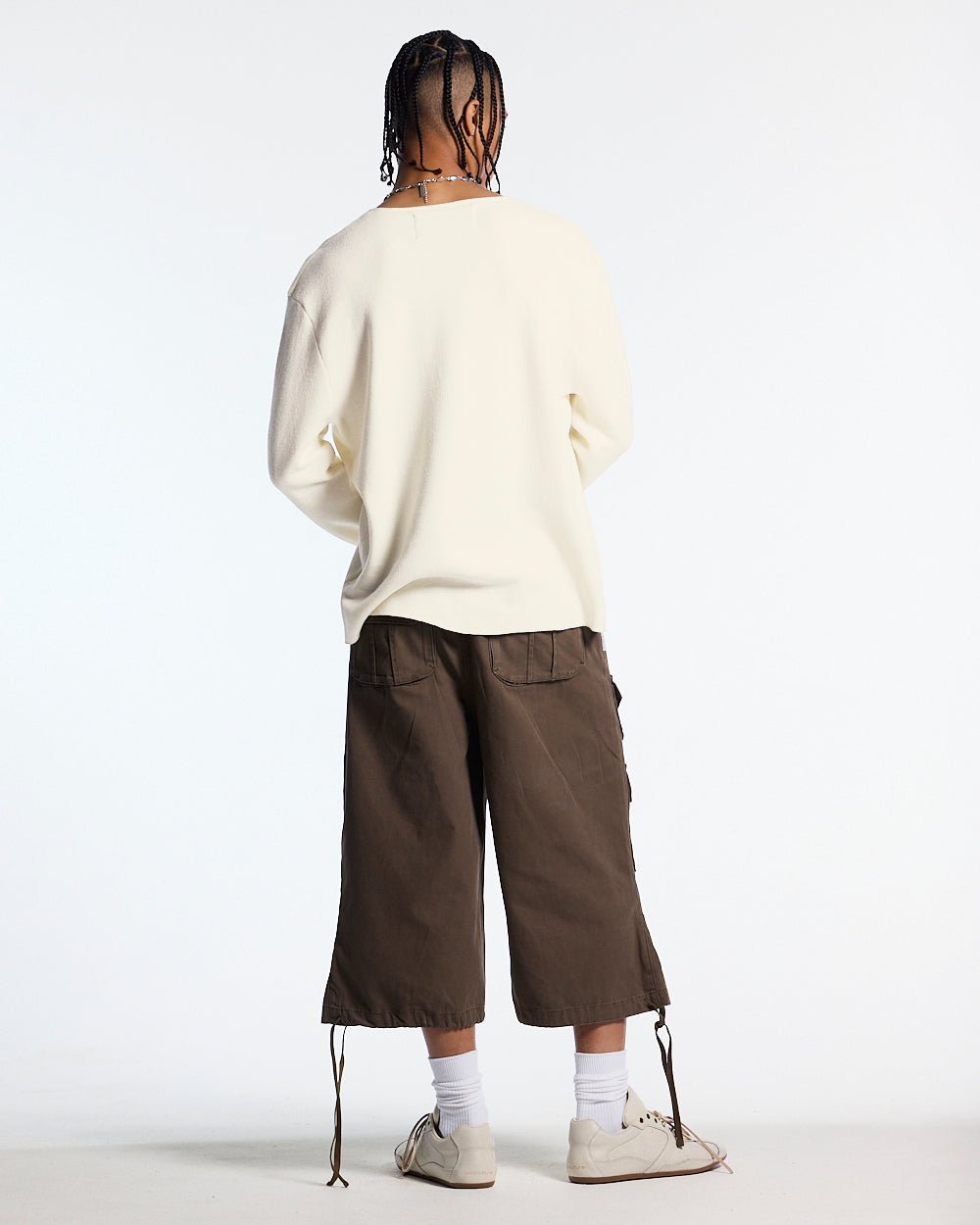 HOOK KNIT BEIGE - beige lace-up knit sweater, back view on male model - Cold Culture #man