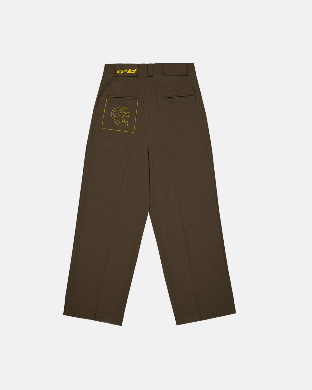 HORSESHOE WEDDING PANTS STATUE BRONZE - brown wide leg pants, back view - Cold Culture #packshot