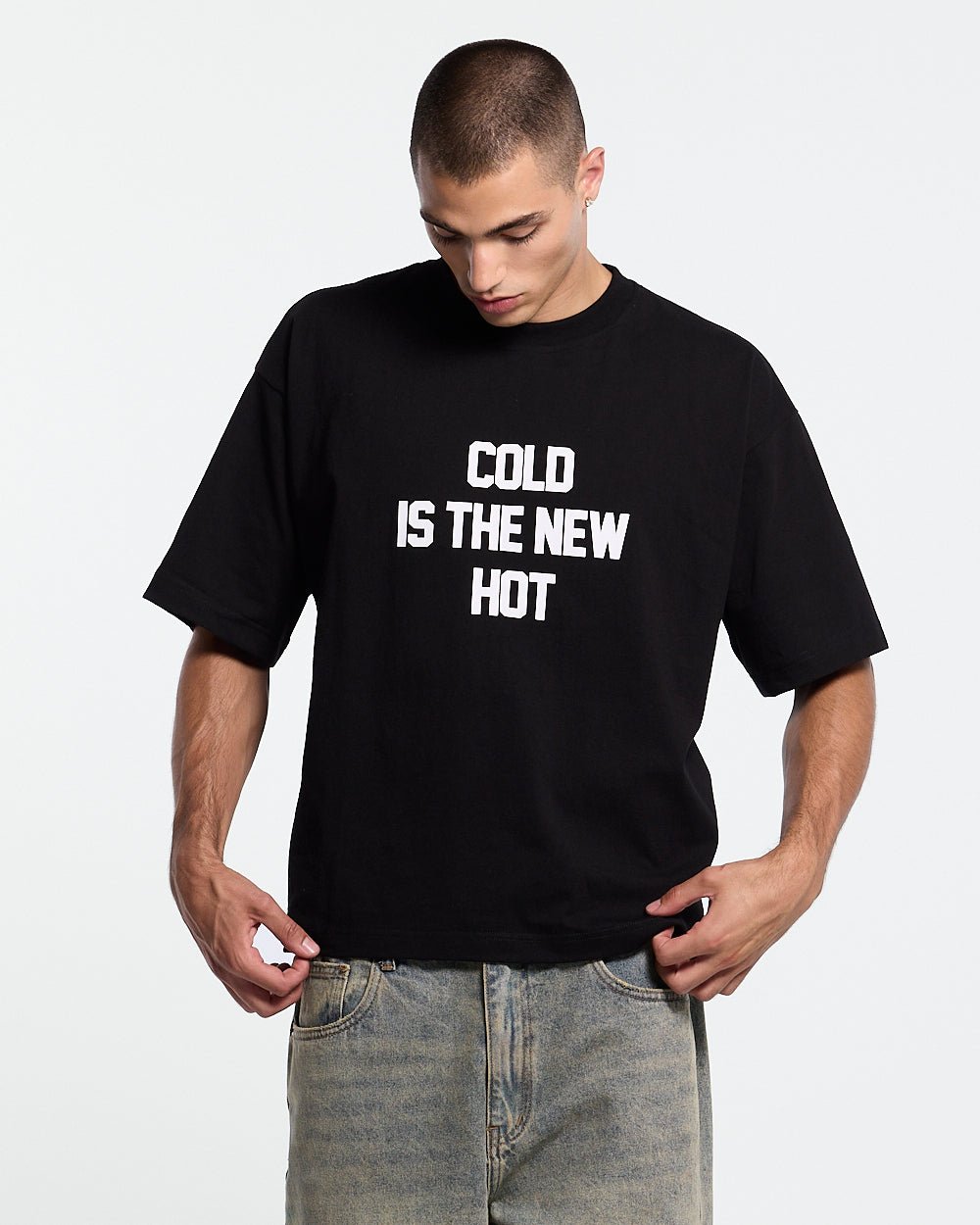 HOT TEE BLACK - black slogan print tee, front view on male model - Cold Culture #man