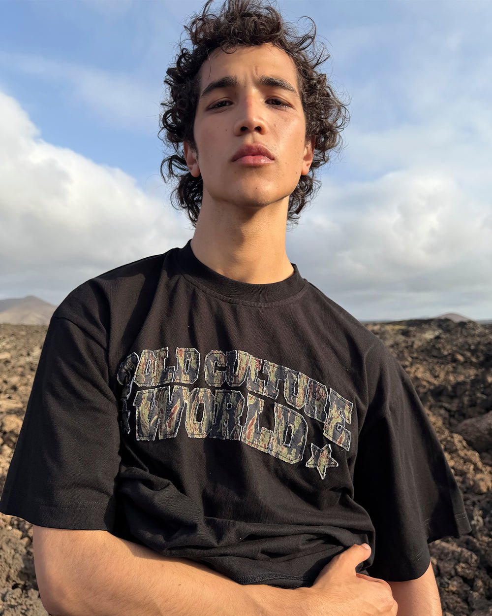 HUNTER TEE BLACK - black graphic print tee, street style shot - Cold Culture