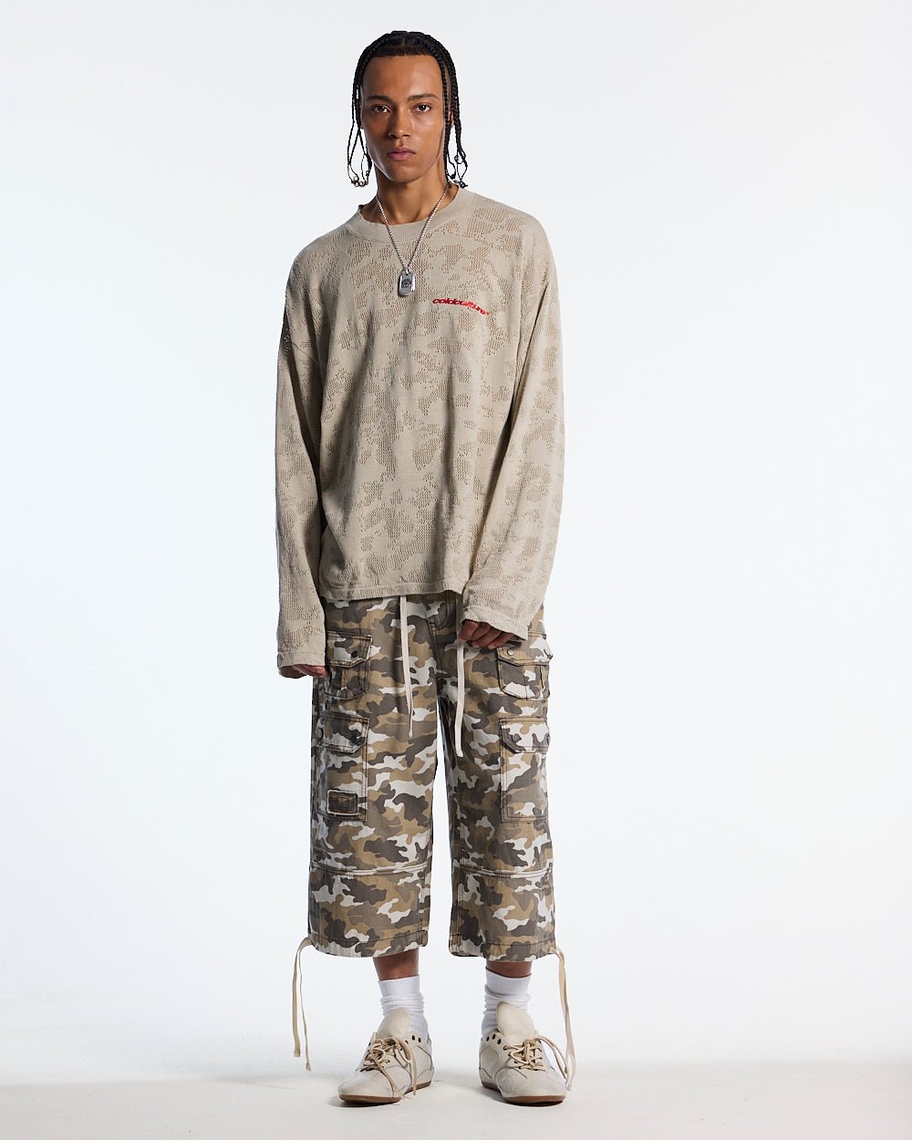 HURRACAINE LONGSLEEVE KNIT BEIGE - beige camo knit sweater, front view on male model - Cold Culture #man
