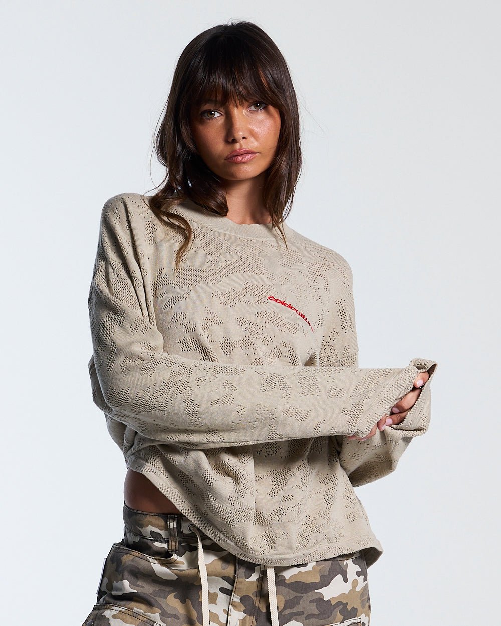HURRACAINE LONGSLEEVE KNIT BEIGE - beige camo knit sweater, front view on female model - Cold Culture #woman