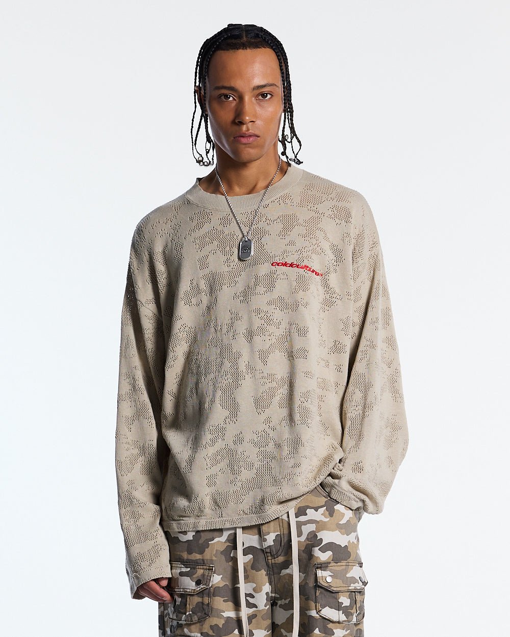 HURRACAINE LONGSLEEVE KNIT BEIGE - beige camo knit sweater, front view on male model - Cold Culture #man