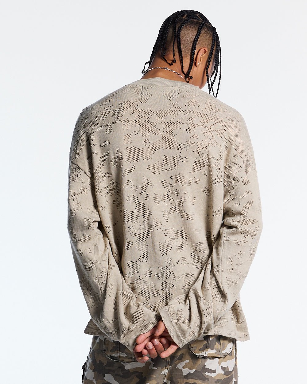 HURRACAINE LONGSLEEVE KNIT BEIGE - beige camo knit sweater, back view on male model - Cold Culture #man