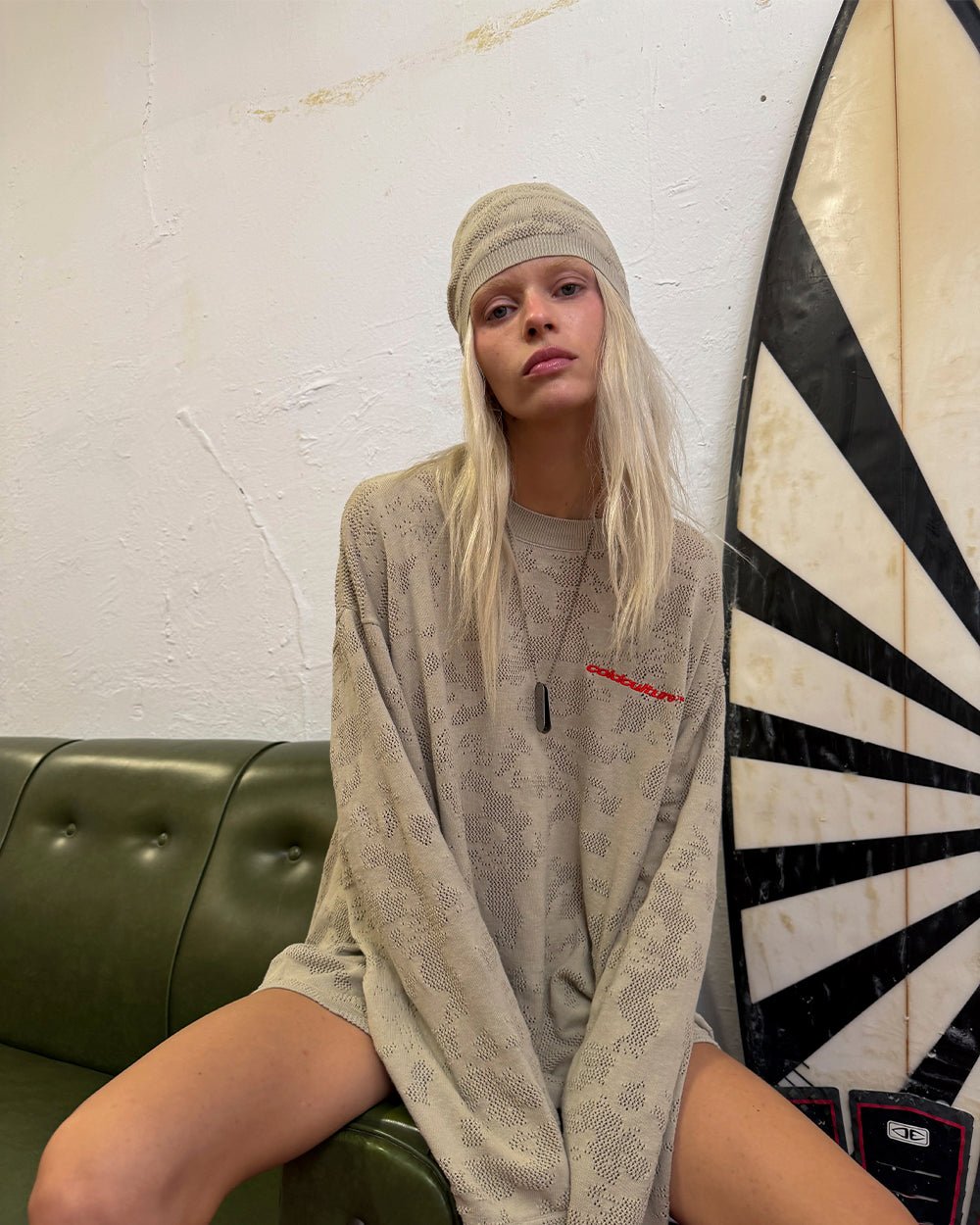 HURRACAINE LONGSLEEVE KNIT BEIGE - beige camo knit sweater, street style shot - Cold Culture #woman