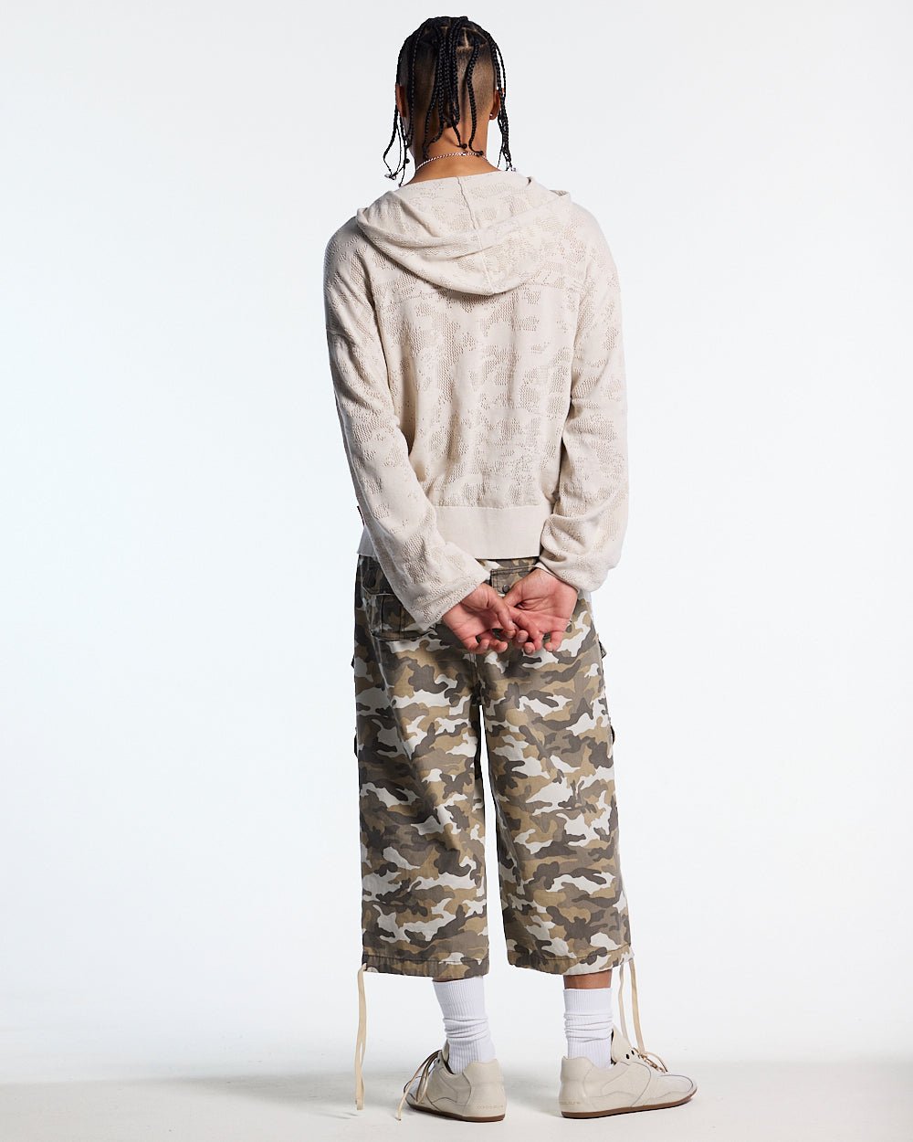 HURRACAINE ZIP KNIT WHITE - off-white knit zip-up hoodie, back view on male model - Cold Culture #man